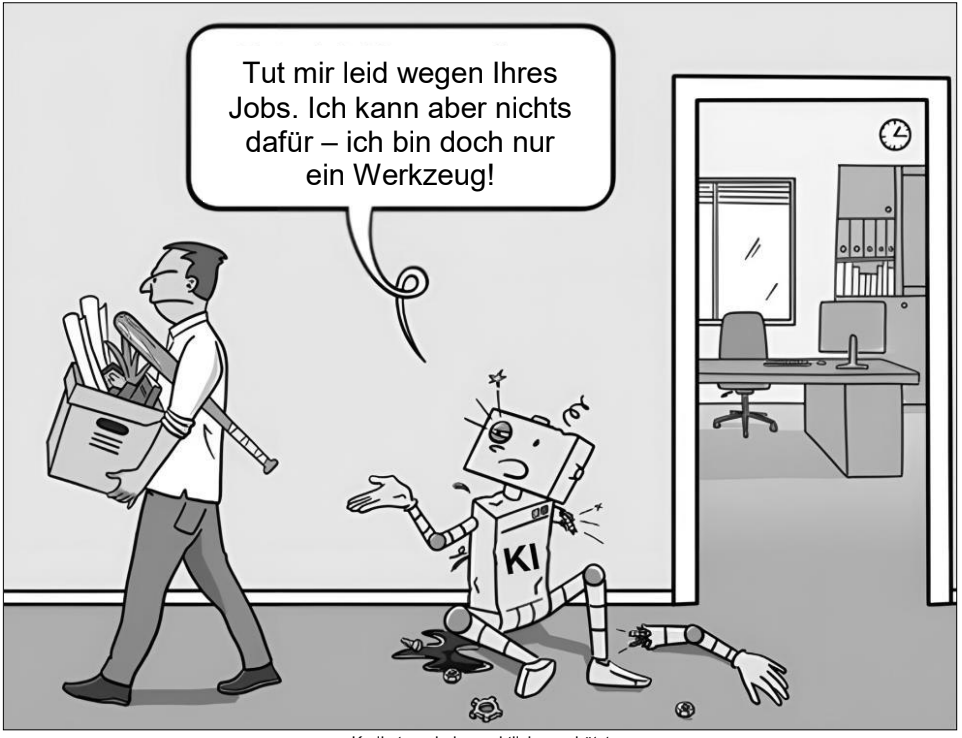 Mann verlässt Büro mit Karton, kaputter Roboter ("KI") sitzt am Boden und winkt entschuldigend.